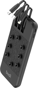 Budi - 10000mAh Wireless Power bank with 3 integrated cables and 2 cable inputs Accessories - Suction cups to attach to the device - Phone Stand - Charging Charger Micro Mobile Portable USB Smartphone
